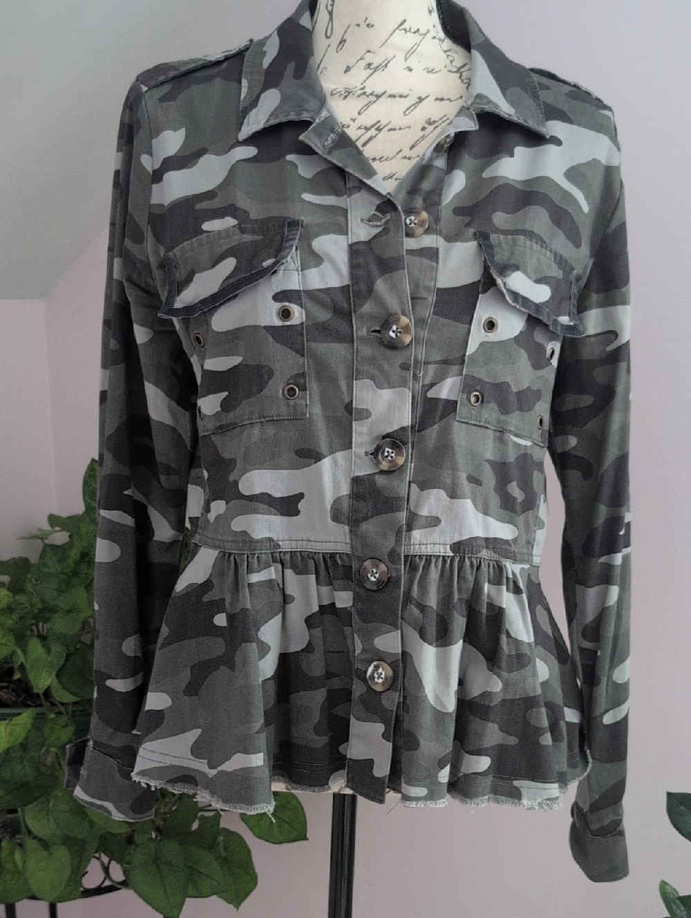 Camo Peplum Button-Up Jacket.